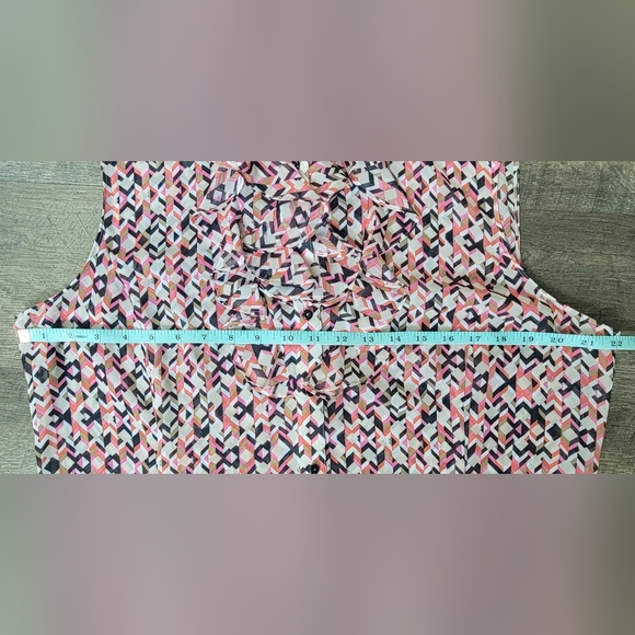 TAHARI Sleeveless Blouse Women's XL Pink Black & Tan Abstract Semi Sheer Ruffled - Picture 11 of 13